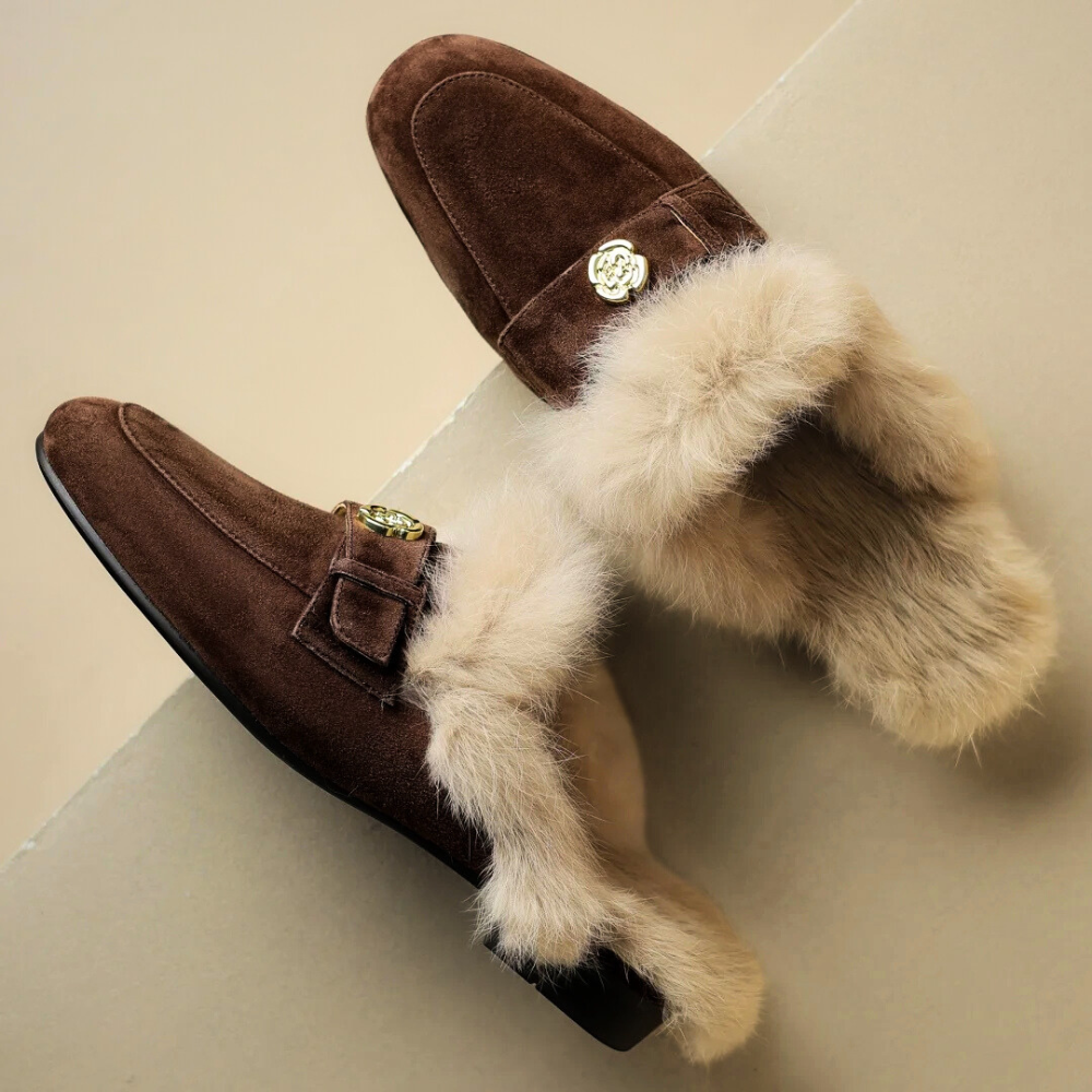 Camellia Suede Shearling Mules