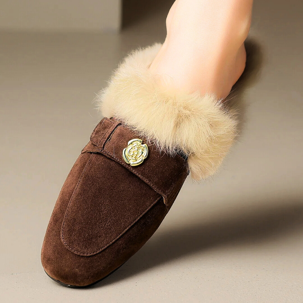 Camellia Suede Shearling Mules