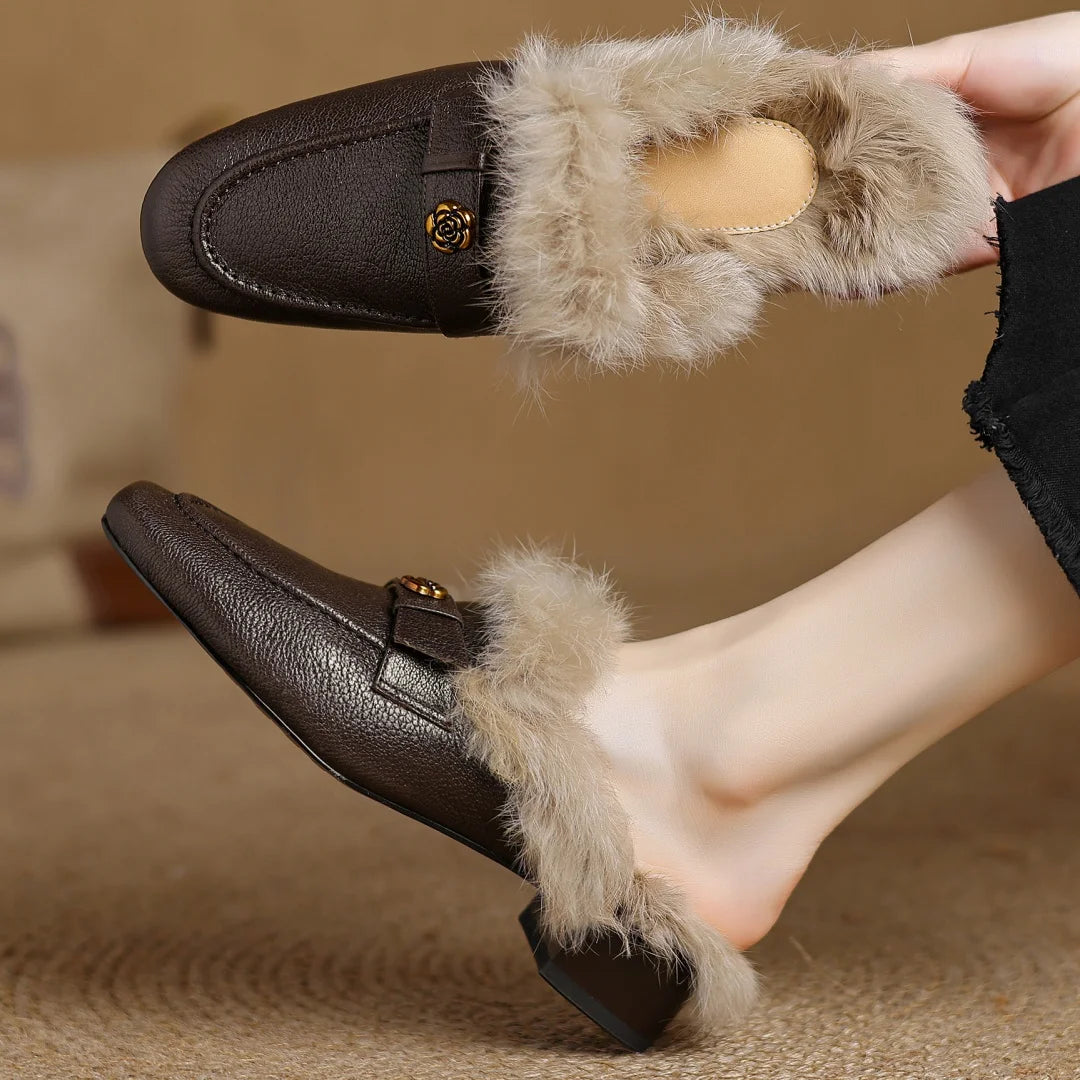 Camellia Leather Shearling Mules