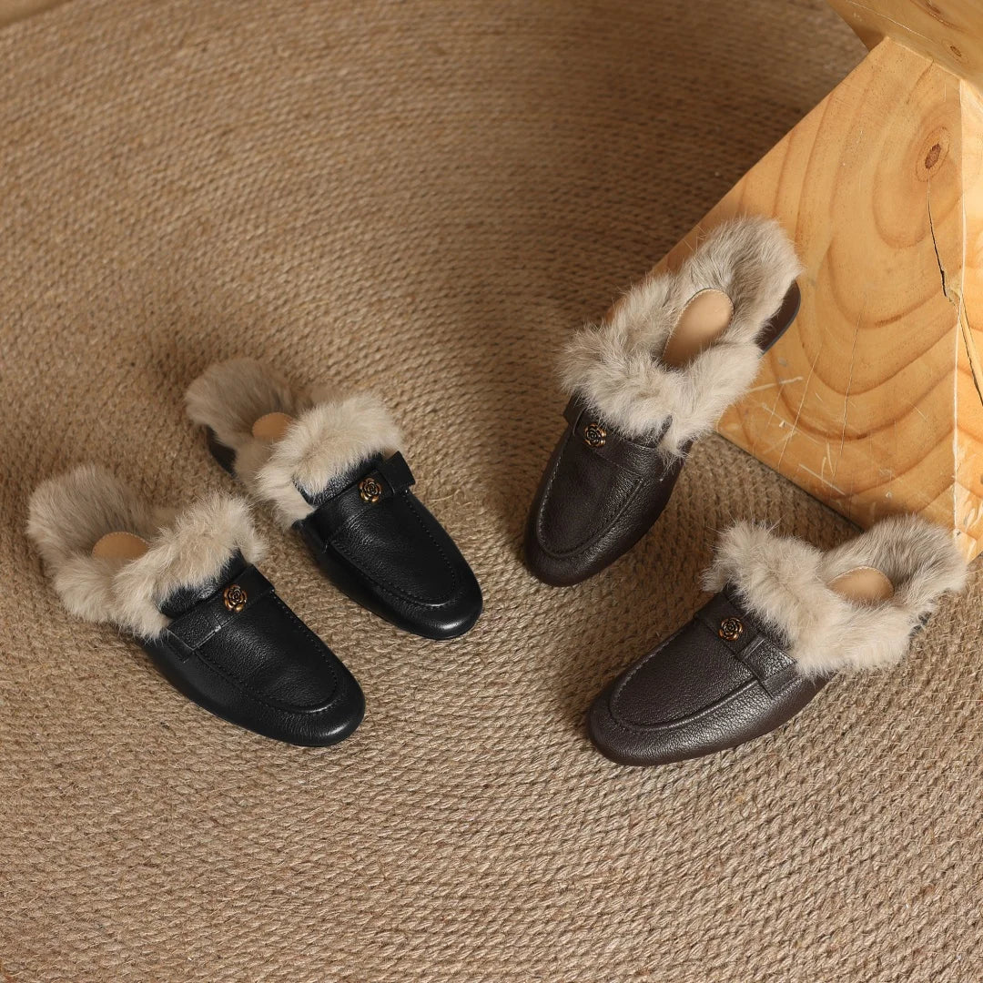 Camellia Leather Shearling Mules