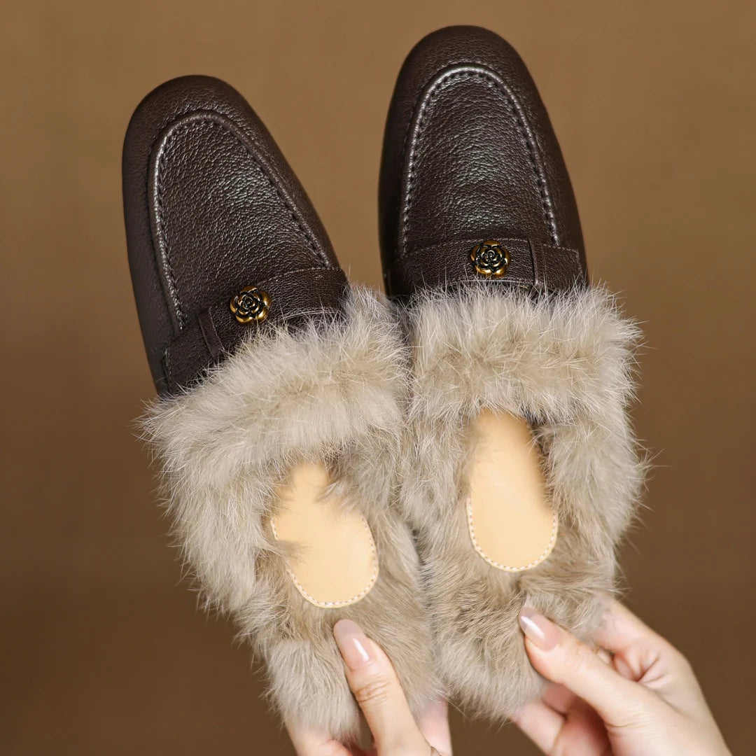 Camellia Leather Shearling Mules