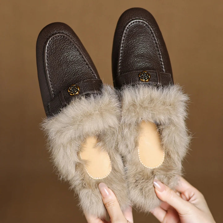 Camellia Leather Shearling Mules
