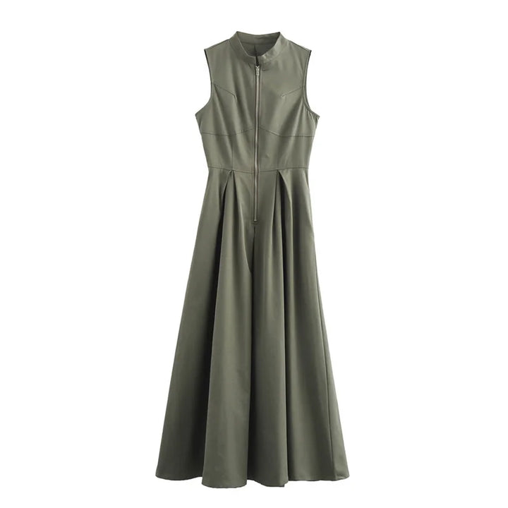 MUJER Zipper Long Dress Woman Pleated Sleeveless Bodycon Dress Summer Elegant Party Dresses For Women 2025 New Midi Dresses