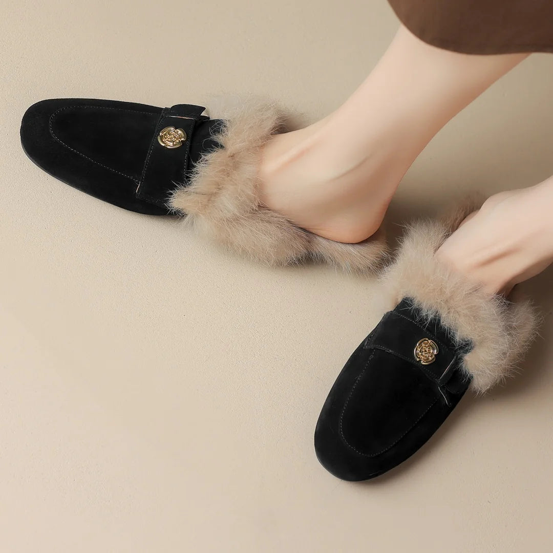 Camellia Suede Shearling Mules