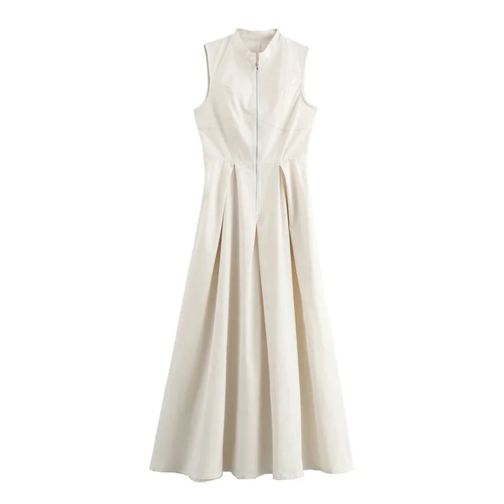 MUJER Zipper Long Dress Woman Pleated Sleeveless Bodycon Dress Summer Elegant Party Dresses For Women 2025 New Midi Dresses