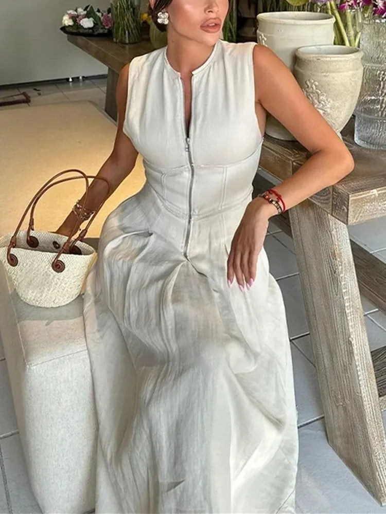 MUJER Zipper Long Dress Woman Pleated Sleeveless Bodycon Dress Summer Elegant Party Dresses For Women 2025 New Midi Dresses