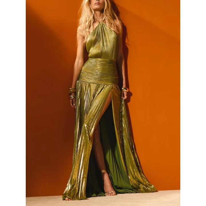 Olympia Metallic Halter Dress